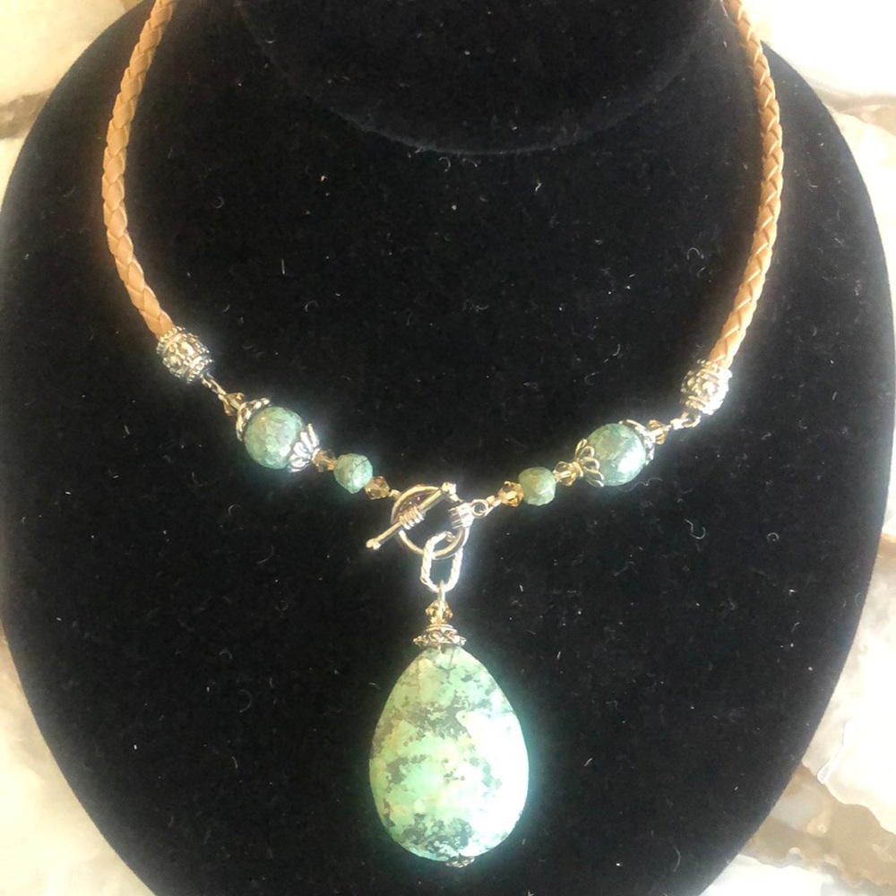 African Turquoise Pendant/Leather/Crystal Toggle